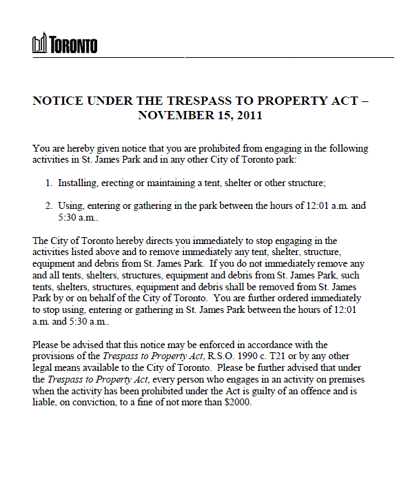 Occupy Toronto Eviction Notice Public Intelligence