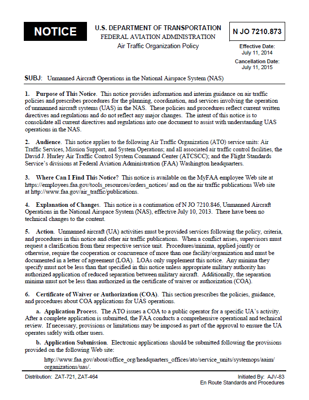 FAA Order Unmanned Aircraft Operations in the National Airspace System