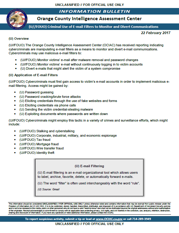 (U//FOUO) Orange County Fusion Center Bulletin Criminal Use of Email