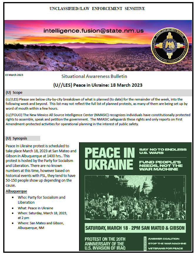 (U//LES) New Mexico Fusion Center Bulletin Peace in Ukraine Protest Public Intelligence