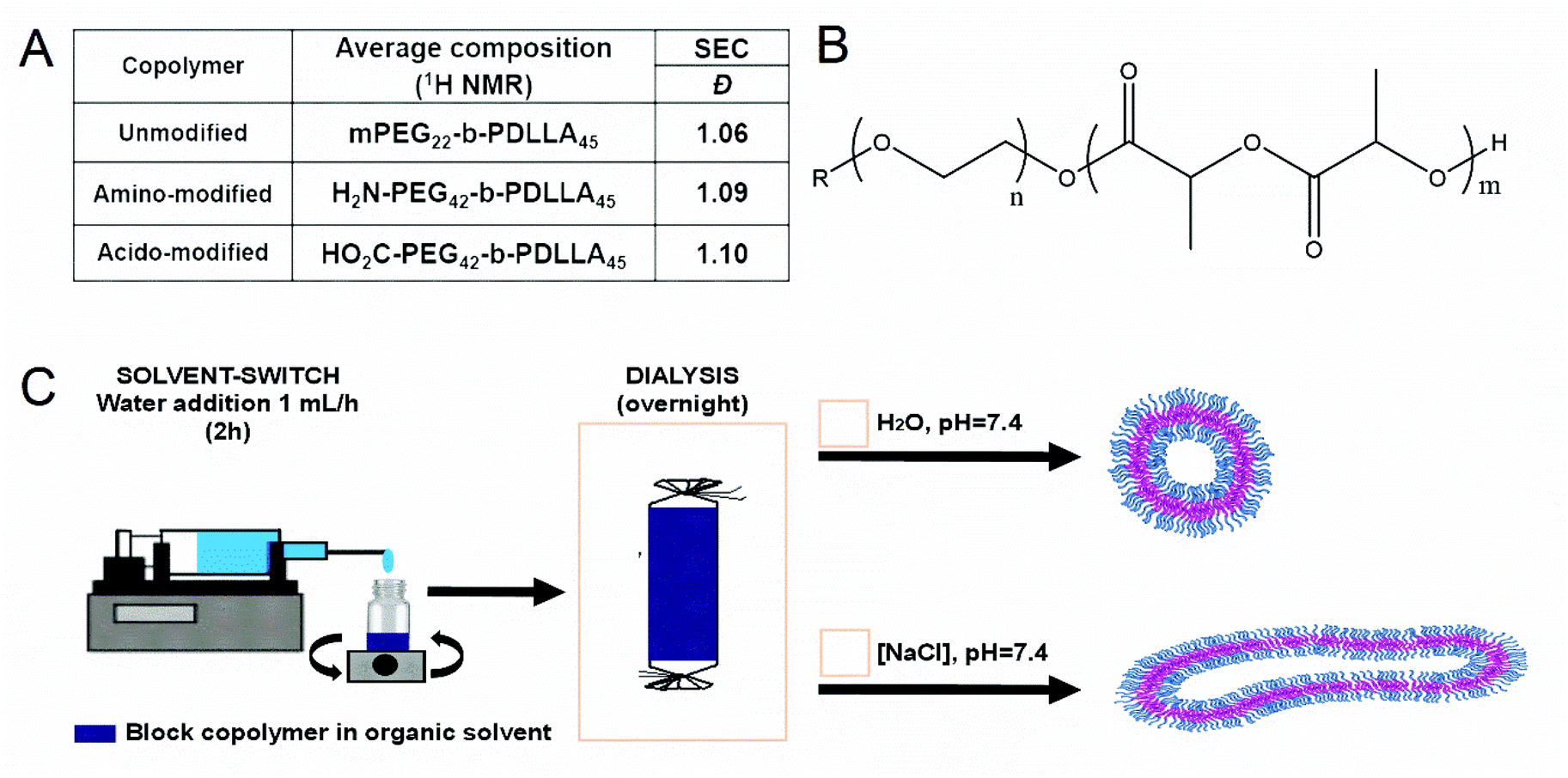 Influence of surface charge on the formulation of elongated PEG b