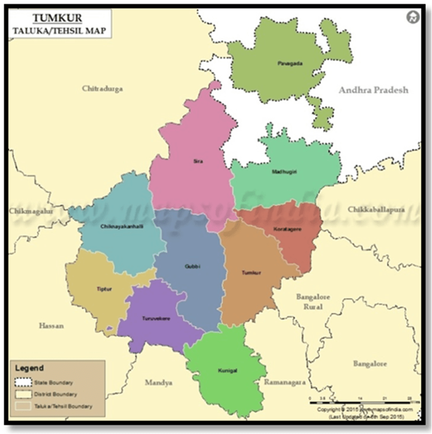 Figure 1. Tumkur District Map showing Study Areas Identification of