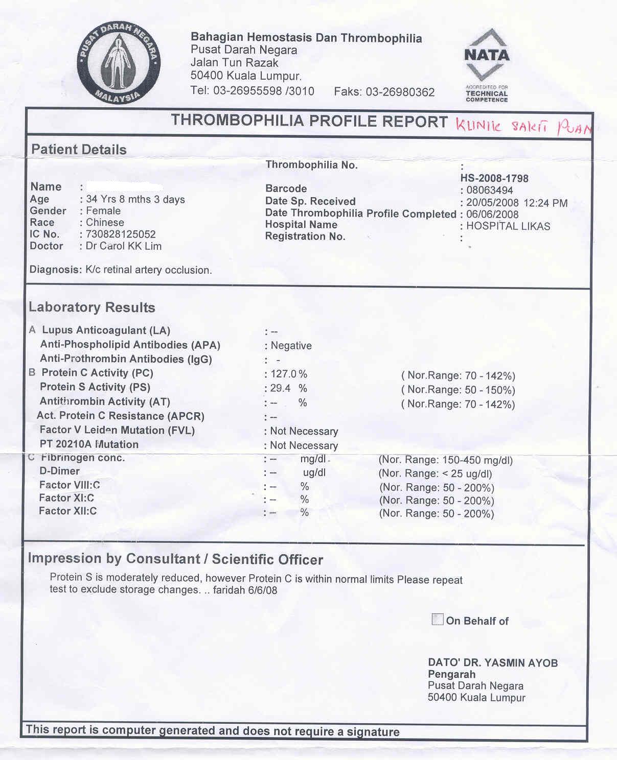Figure 2. Blood report of patient showing Protein S deficiency