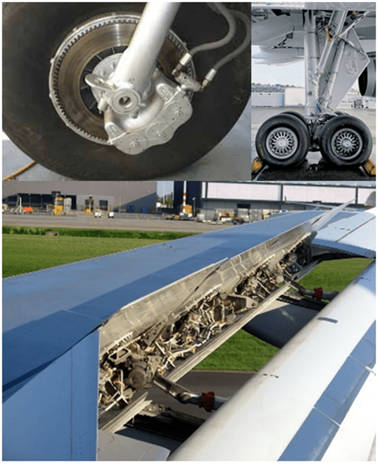 Figure 2. Airplane disk brake [6], landing gears [7], flaps and flight