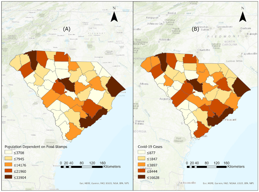 Figure 3. Population dependent on food stamps; distribution of COVID19