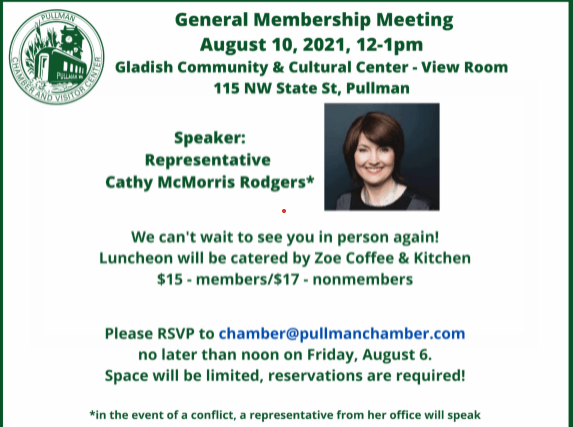 RSVP By Noon Friday For Pullman Chamber Luncheon With Congresswoman Cathy McMorris Rodgers - Vimarsana News