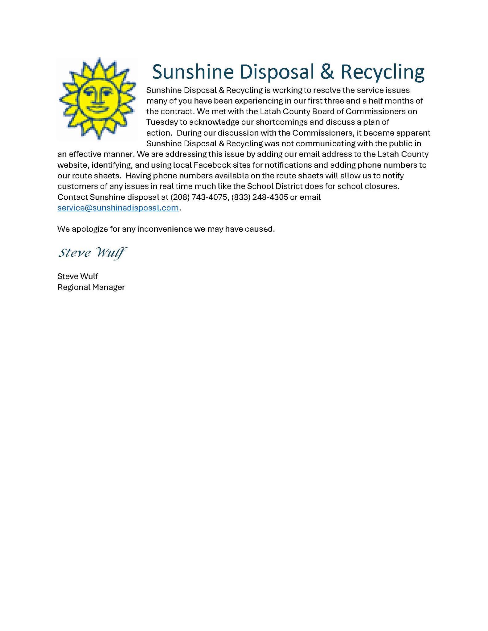 Sunshine Disposal Acknowledges Their Garbage Collection Issues In Latah