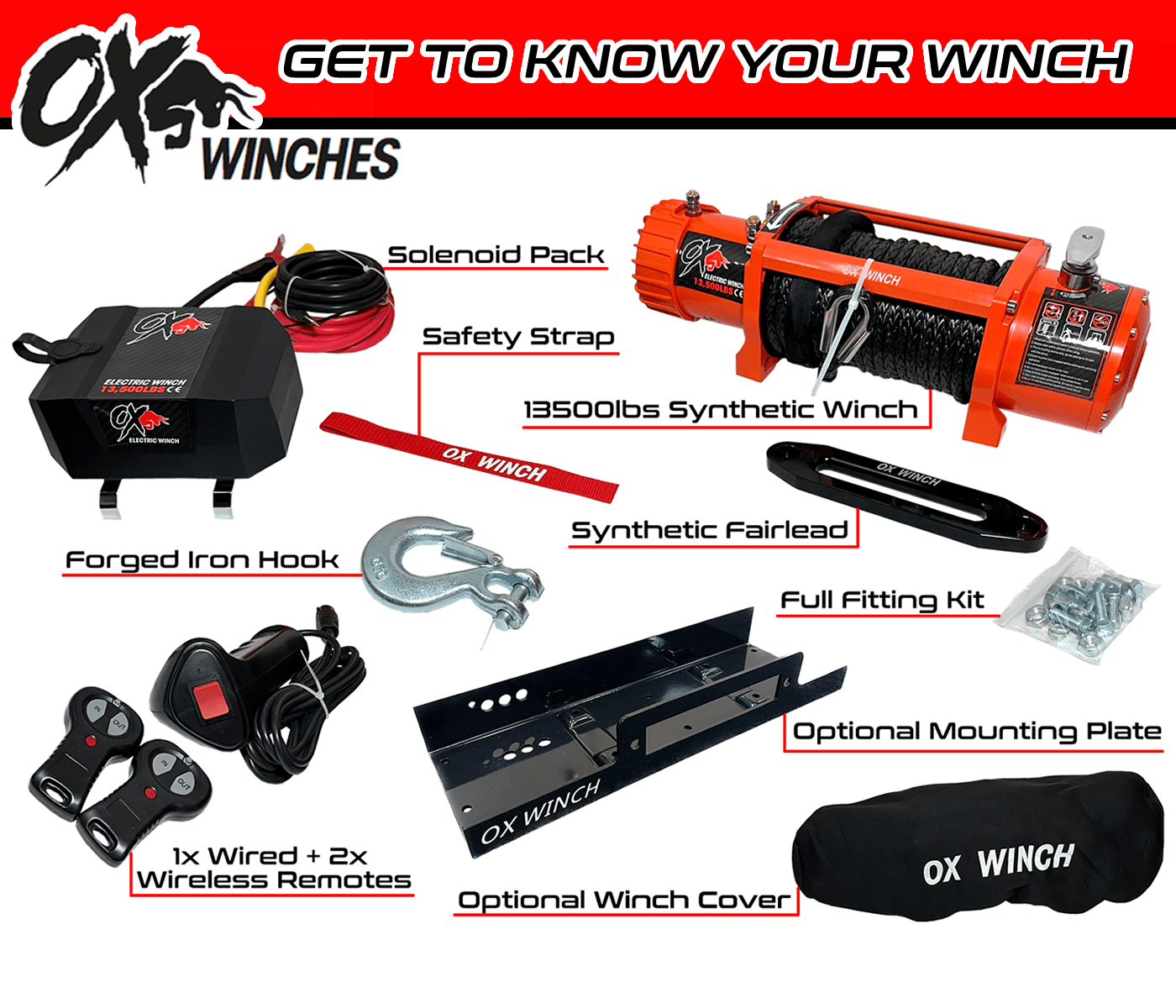 Ox Winches HEAVY DUTY 12v 13500lbs Synthetic Rope Recovery Truck