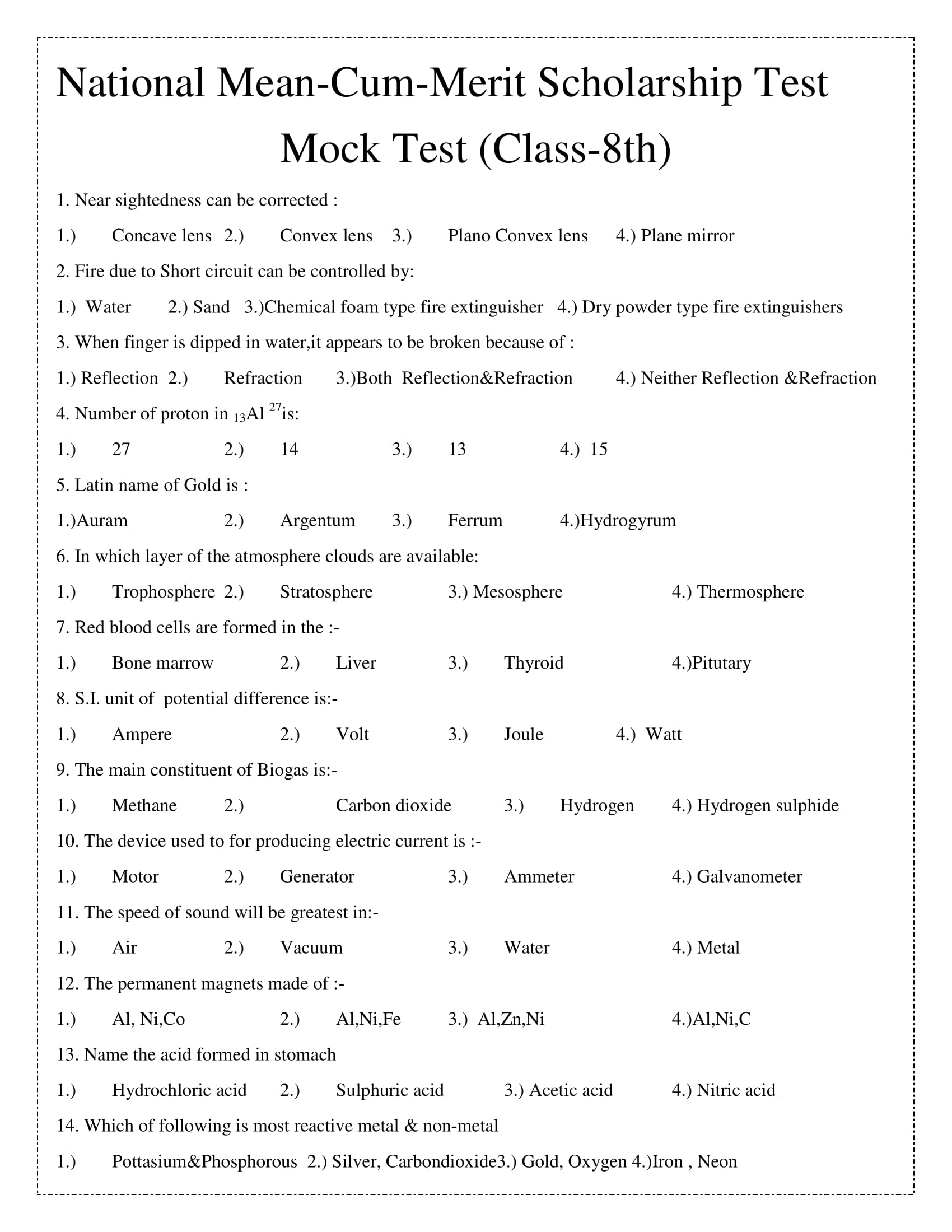 National MeanCumMerit Scholarship Test Mock Test & Sample OMR Sheet