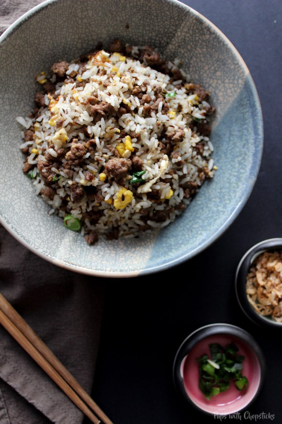Cumin Beef Fried Rice Pups with Chopsticks