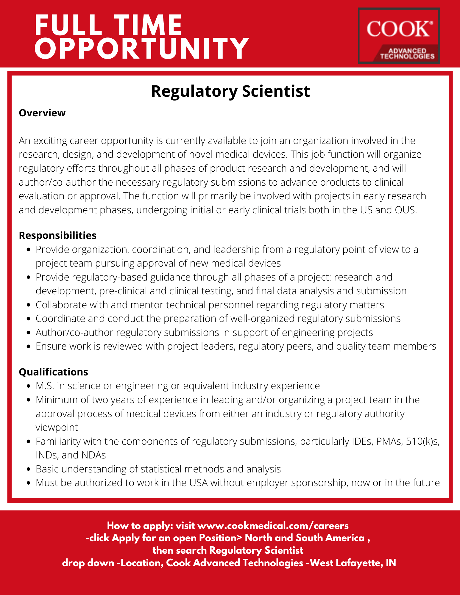 Cook Advanced Technologies, Regulatory Scientist Undergraduate Blog