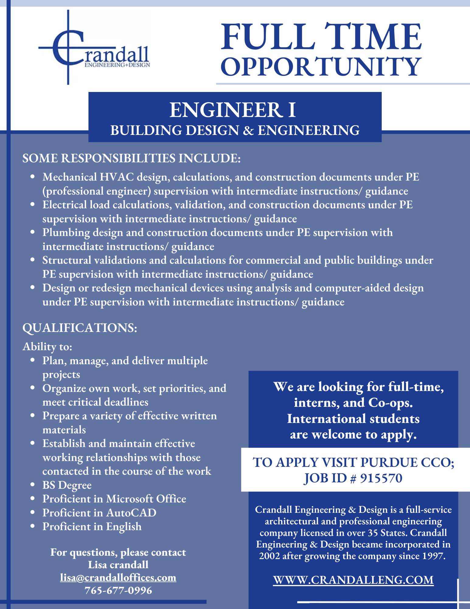 Crandall Engineering; Full Time Opportunity Engineer I