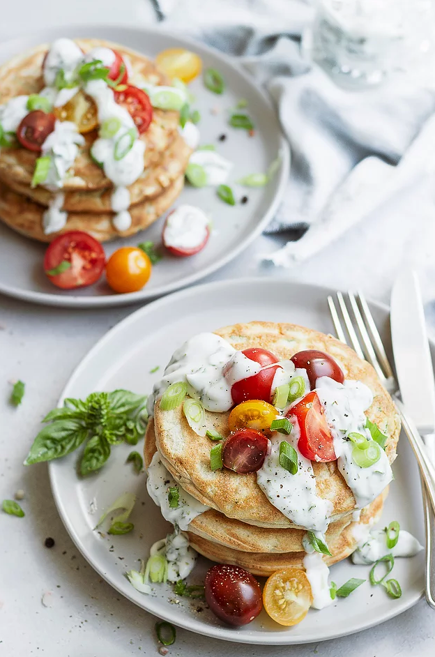 Savoury Pancakes with Cocobella Basil Yoghurt cocobella
