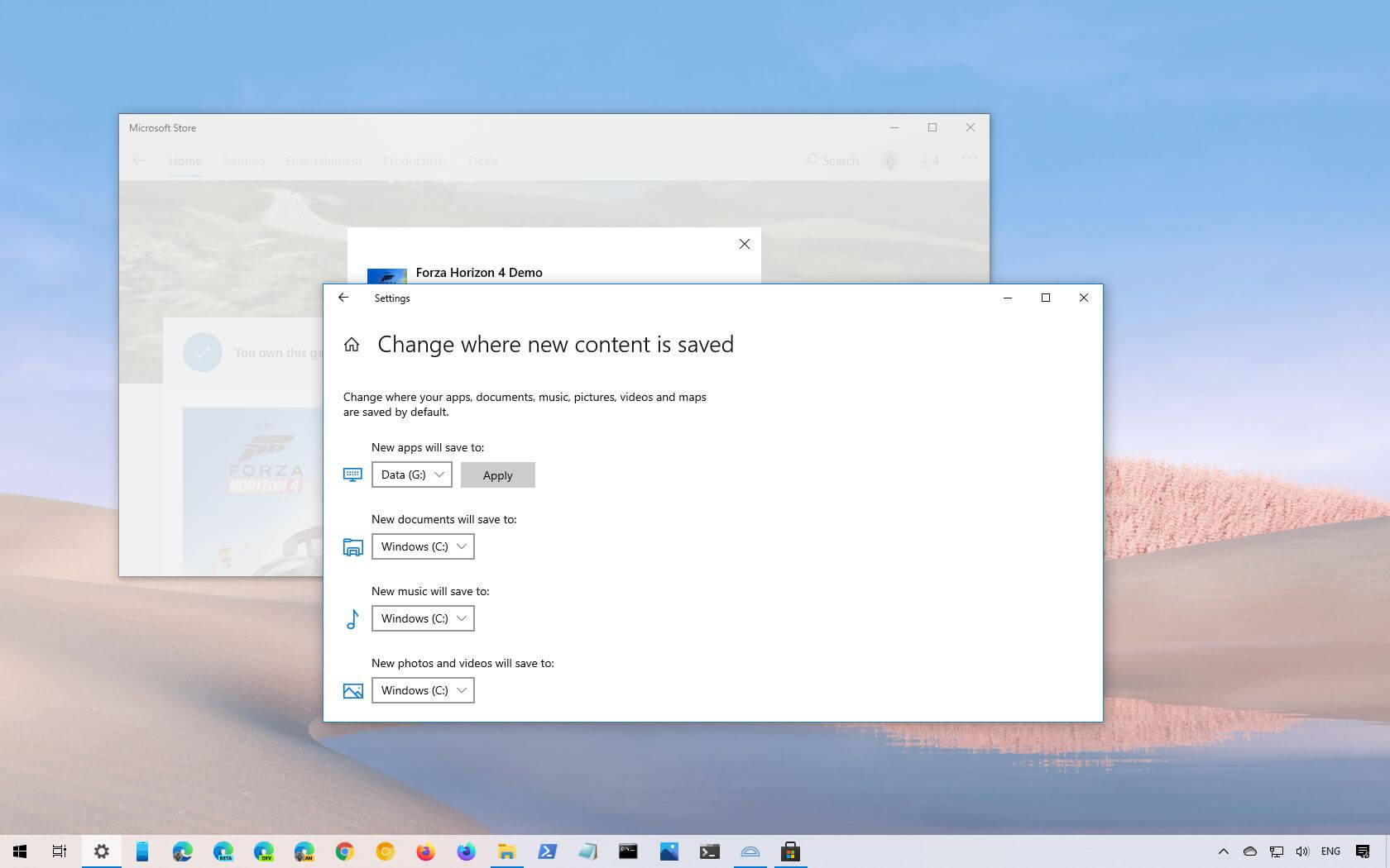 How to change default apps and games install location on Windows