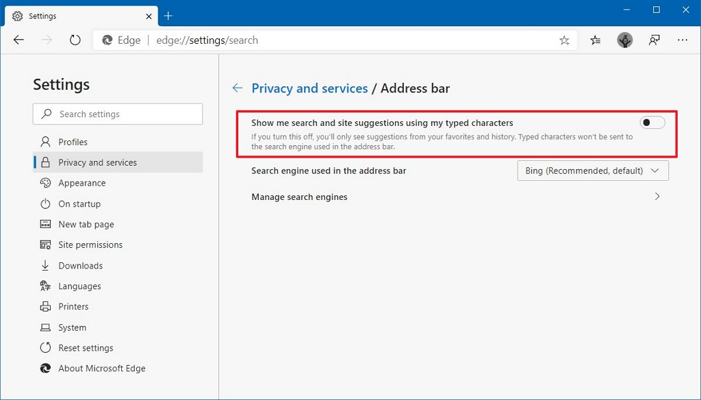 How to disable search suggestions on Edge Browser