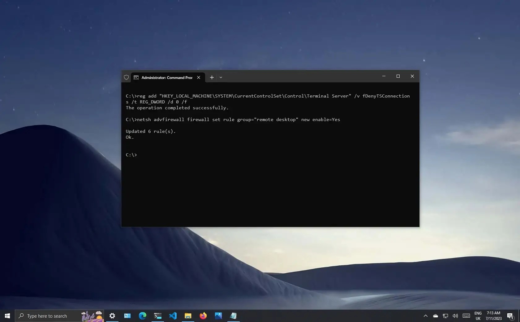 How to enable Remote Desktop using Command Prompt on Windows 10 Pure