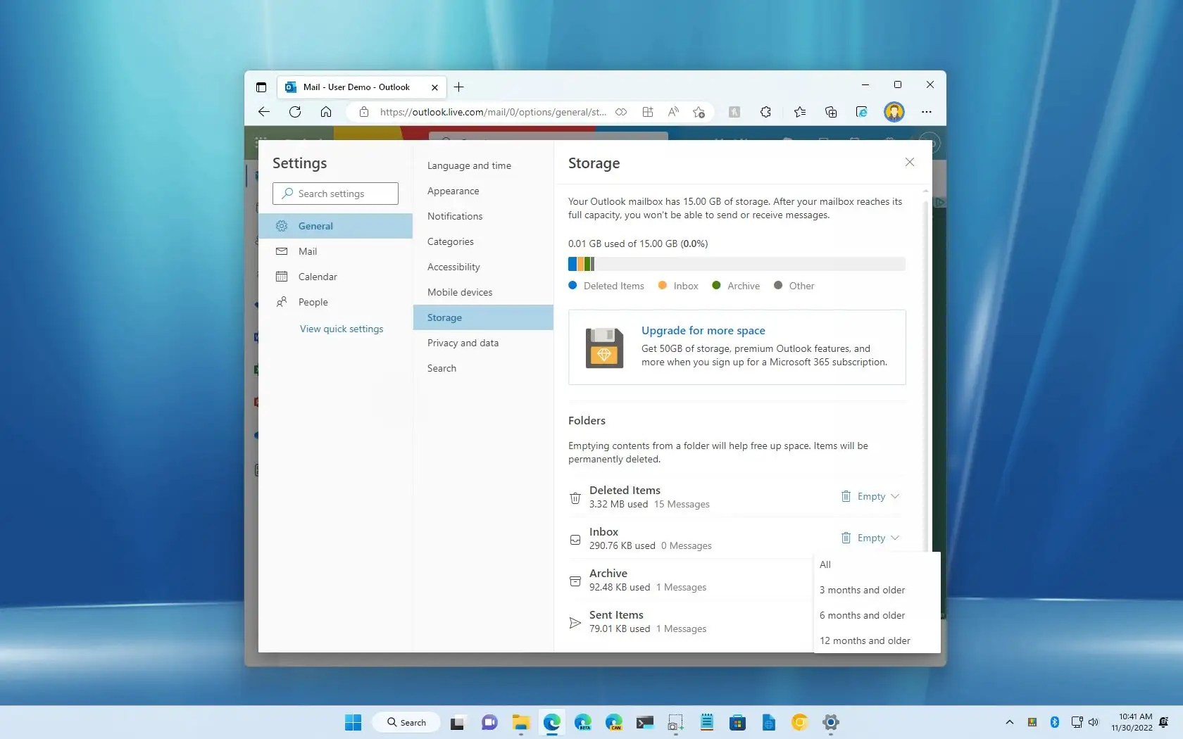 How to check Outlook mailbox storage usage Pureinfotech