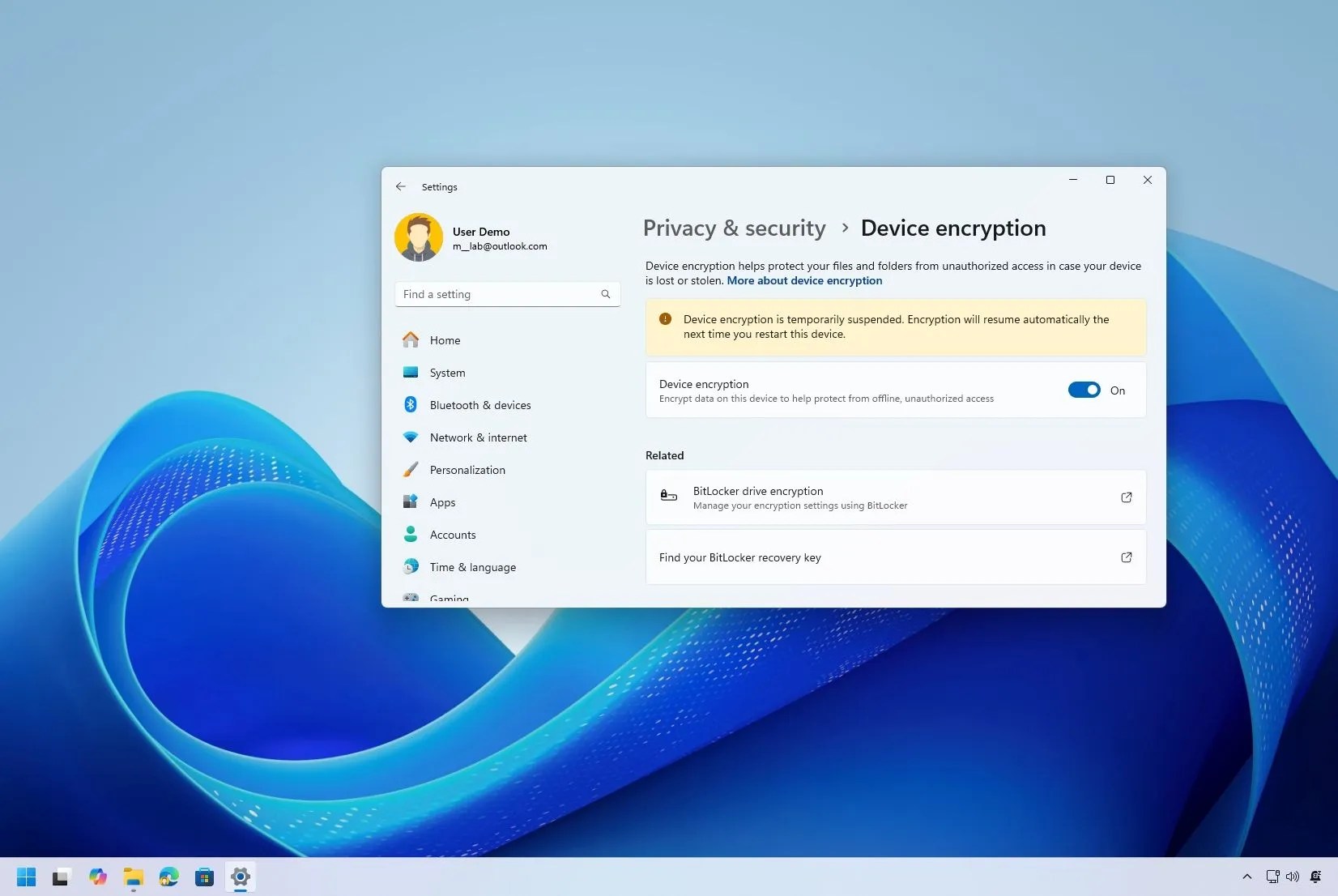 How to fix device encryption is temporarily suspended error on Windows