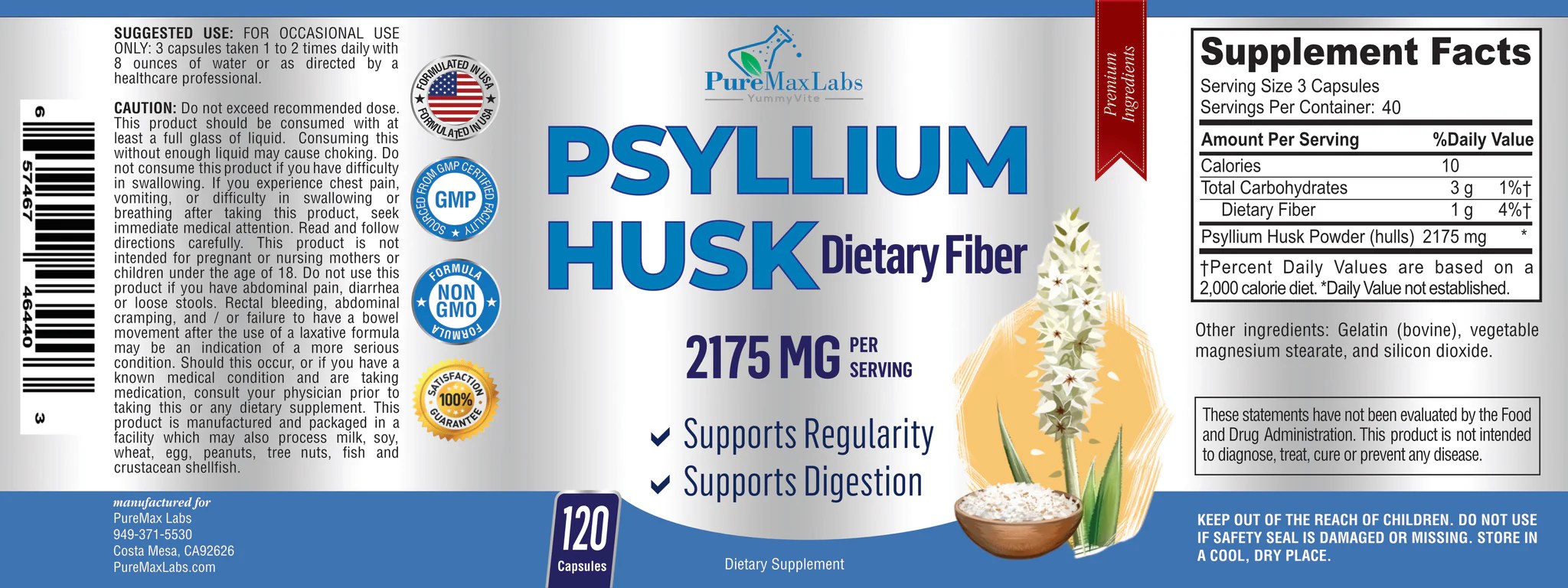 Psyllium Husk Dietary Fiber Supplement 120 Capsules PureMax Labs