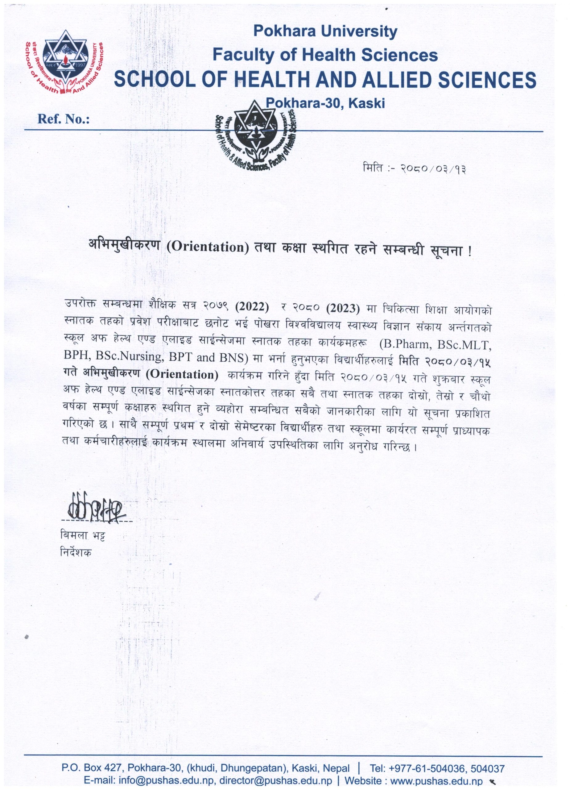 Notice Orientation and Class Cancellation SHAS SHAS