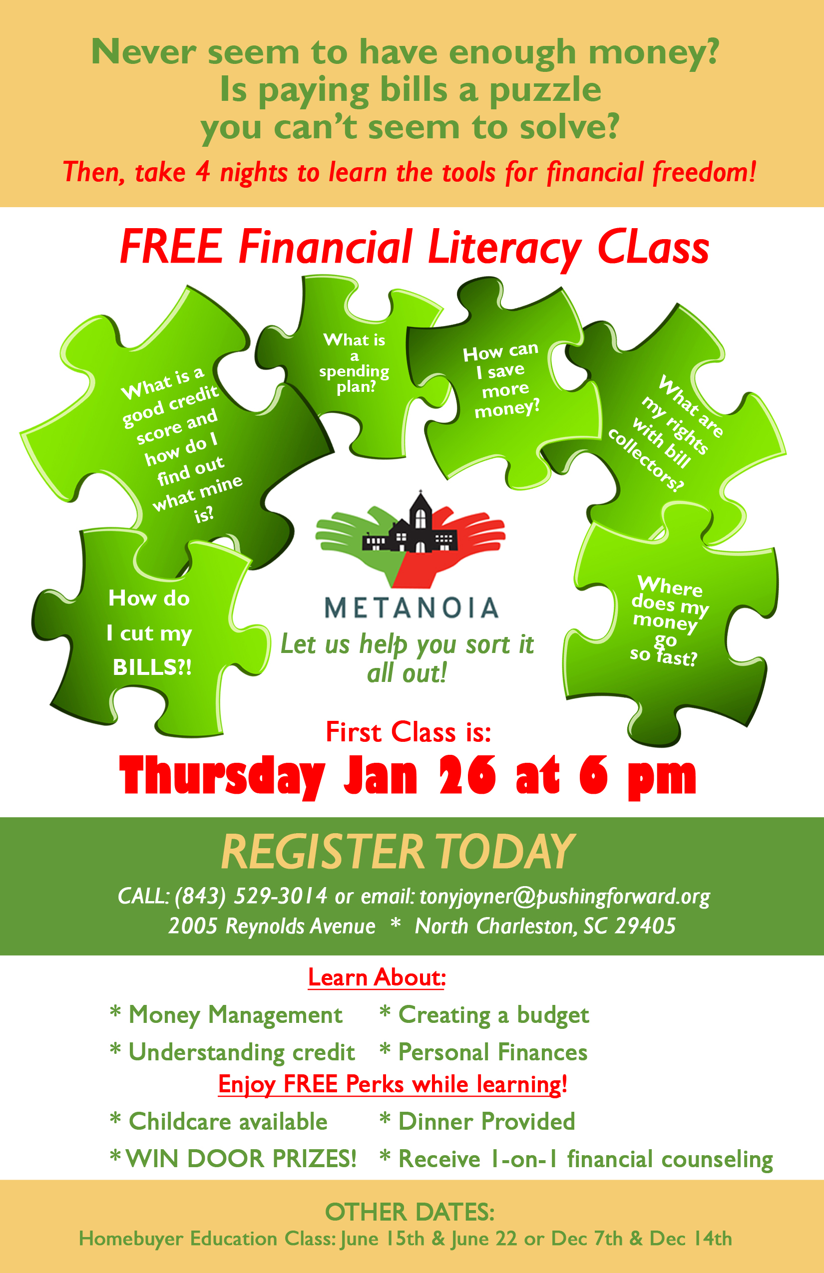 Financial Literacy Class begins January 26th at 6 pm Metanoia