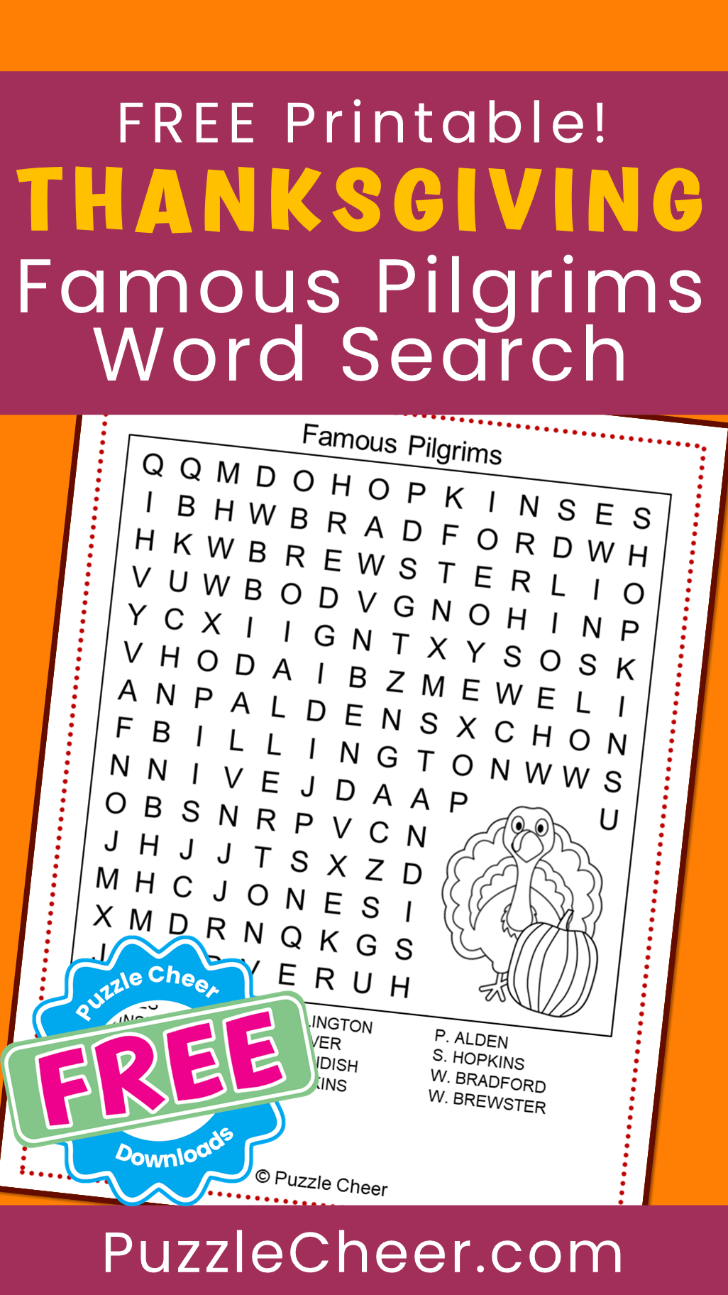 Famous Pilgrims Thanksgiving Word Search Puzzle Puzzle Cheer