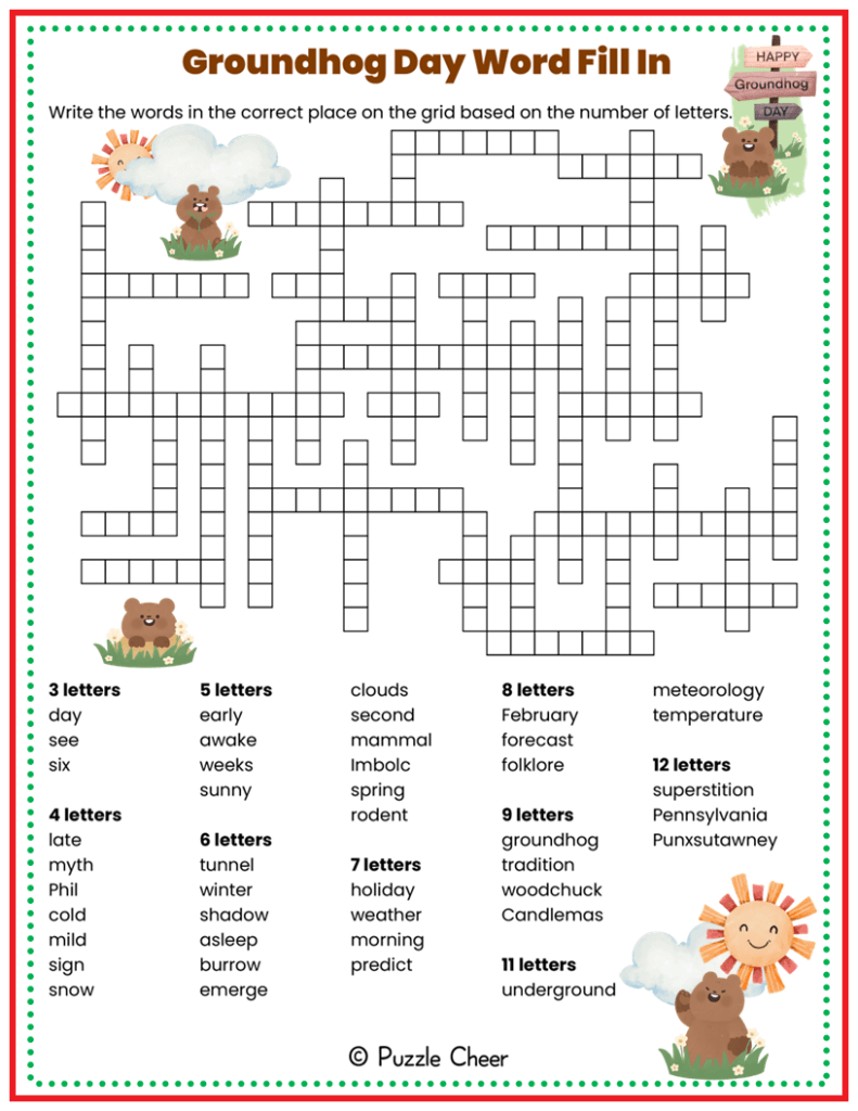Groundhog Day Word Fill In Puzzle - Puzzle Cheer