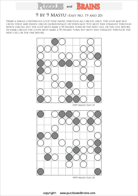 printable easier 6 by 6 Japanese Masyu Circles logic puzzles for young