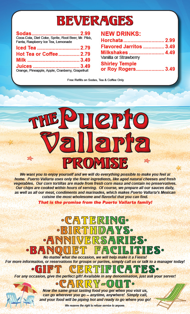Menu Puerto Vallarta Family Mexican restaurant in Coos Bay, Oregon