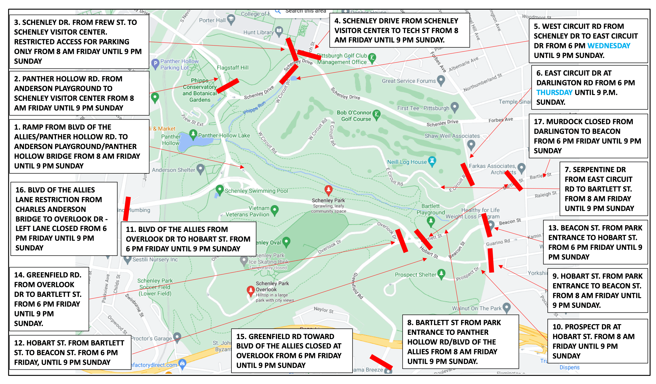 Schenley Park Road Closures PVGP