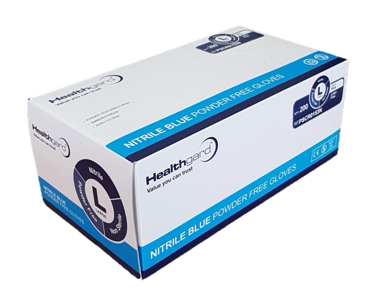 Large Healthguard P/Free Blue Nitrile Disposable Gloves PWP