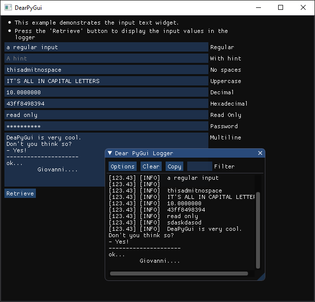 Input text examples in DearPyGui | python programming