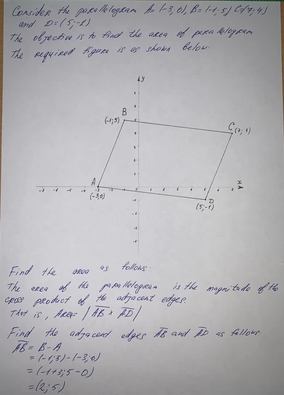 Find the area of the parallelogram with vertices A(3, 0), B(1, 5), C