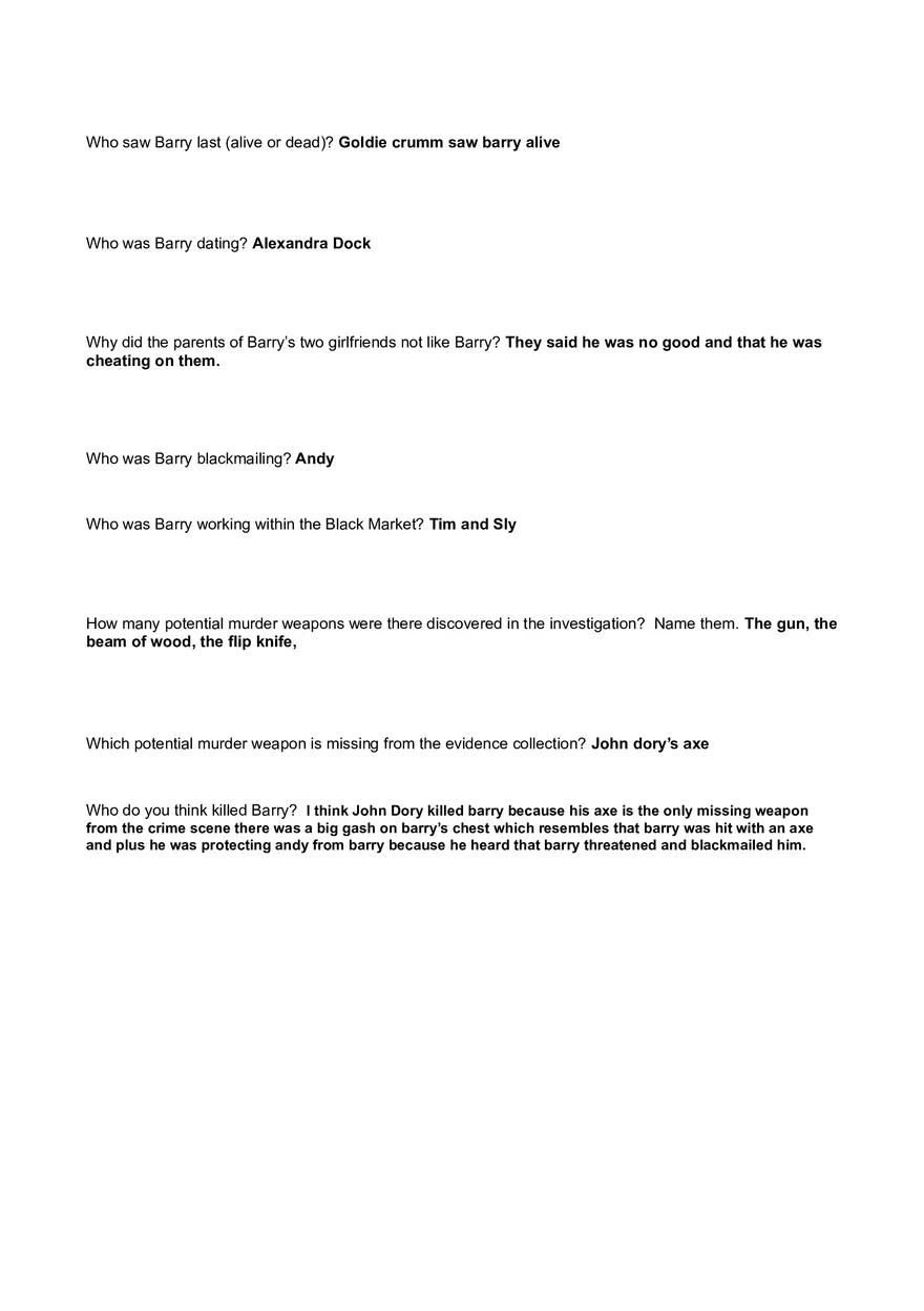 Who Killed Barry Mystery Game Find Out Who Killed Barry | Answer Key