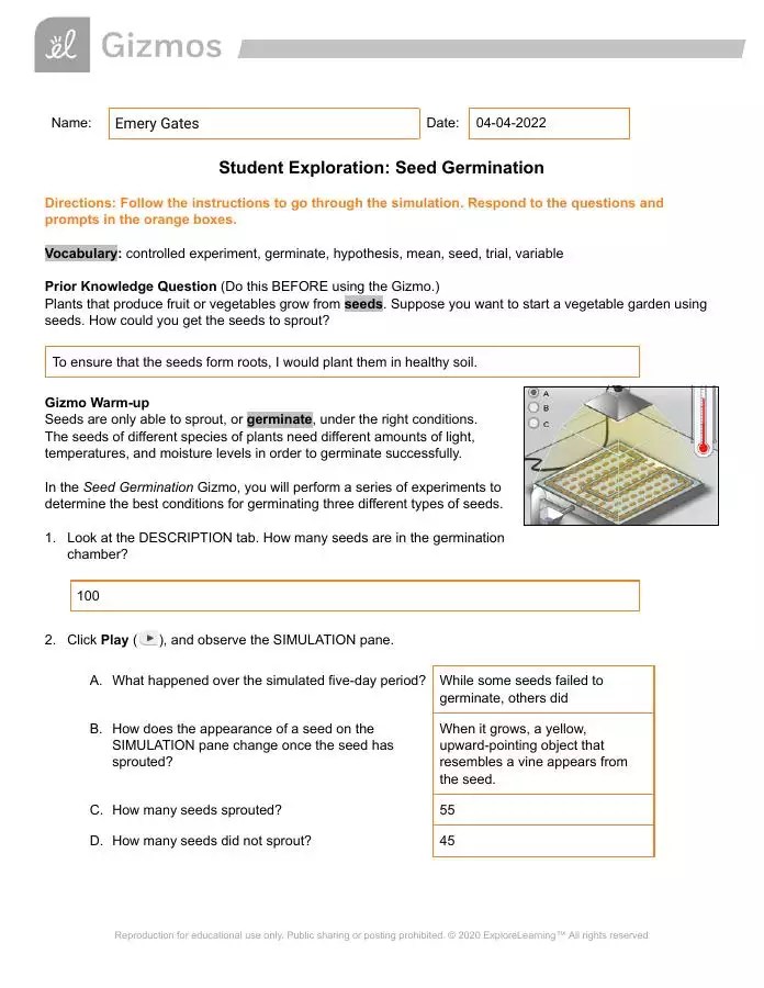 Seed Germination Gizmo Answer Key | Virtual High School - KeepNotes