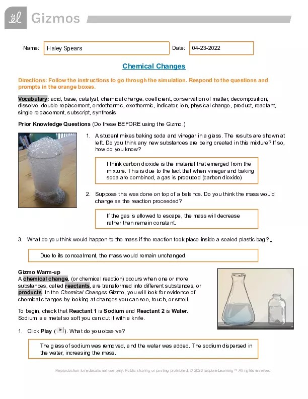 Chemical Changes Gizmo Answer Key | Virtual High School - Edubirdie