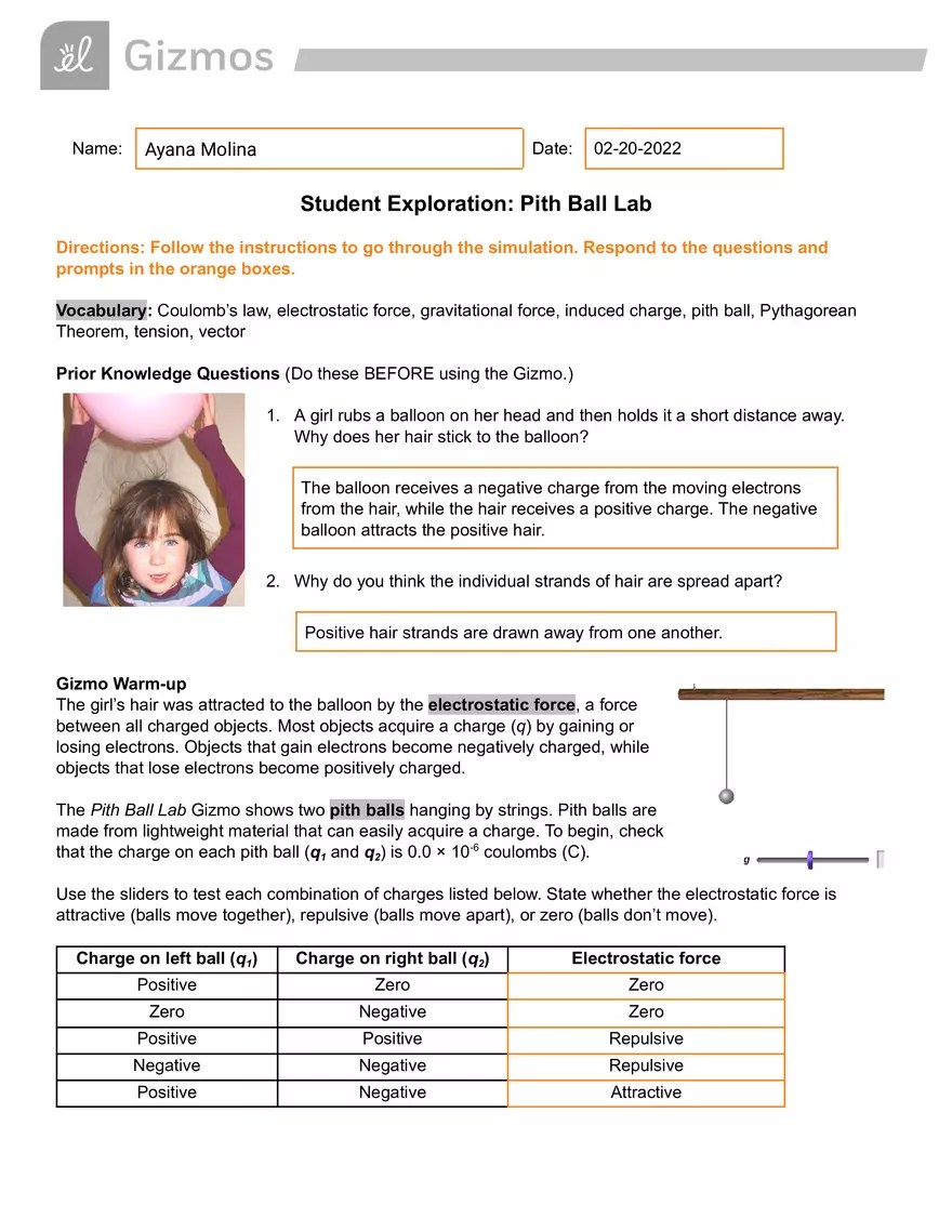 Pith Ball Lab Gizmo Answer Key Virtual High School Edubirdie