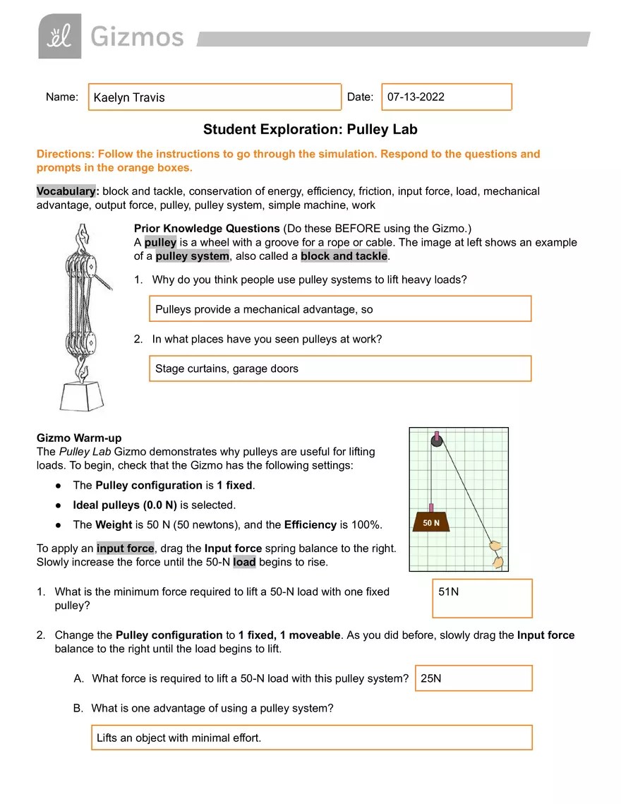 Pulley Lab Gizmo Answer Key Virtual High School Edubirdie
