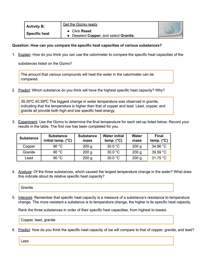 Calorimetry Lab Gizmo Answer Key Edubirdie
