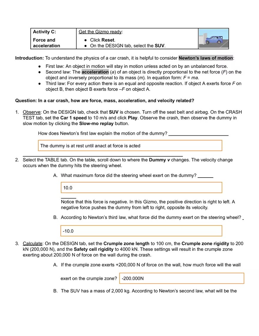 Crumple Zones Gizmo Answer Key Virtual High School Edubirdie