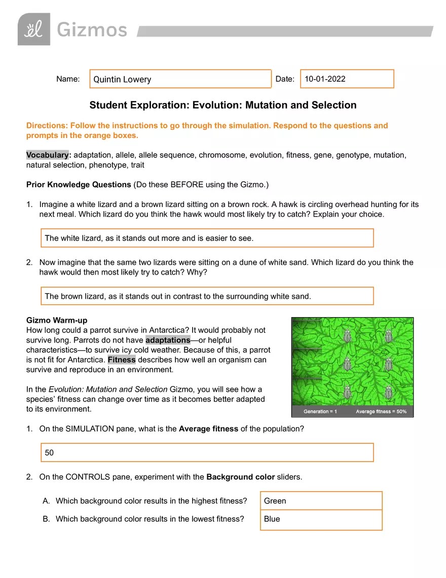 Evolution: Mutation and Selection Gizmo Answer Key | Virtual High