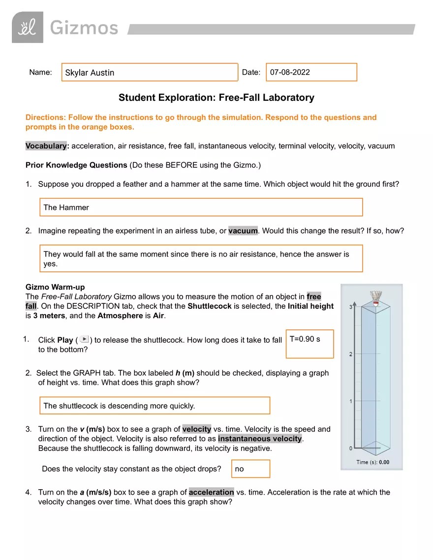 FreeFall Laboratory Gizmo Answer Key Virtual High School Edubirdie