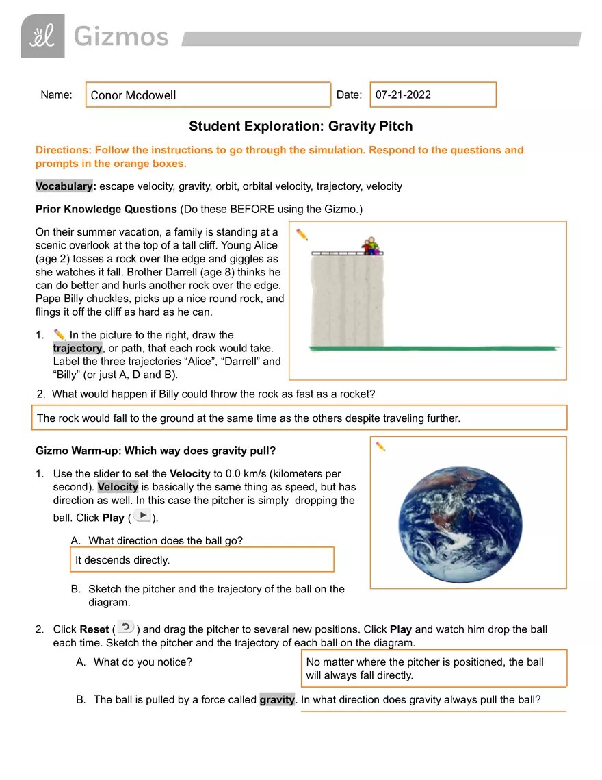 Gravity Pitch Gizmo Answer Key Virtual High School Edubirdie