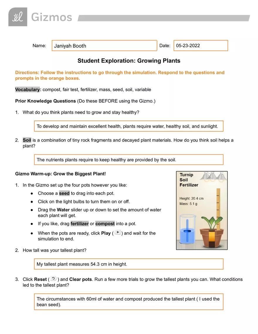 Growing Plants Gizmo Answer Key | Virtual High School - Edubirdie