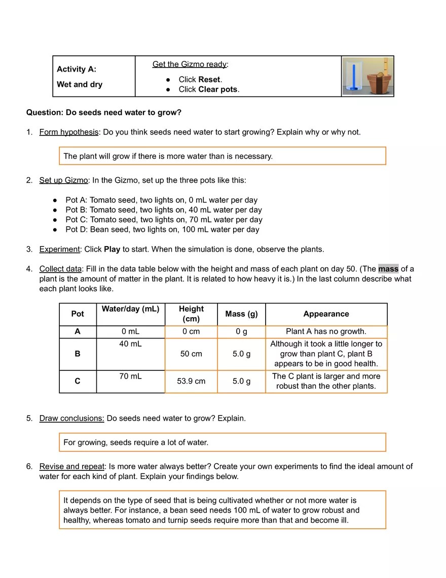 Growing Plants Gizmo Answer Key | Virtual High School - Edubirdie