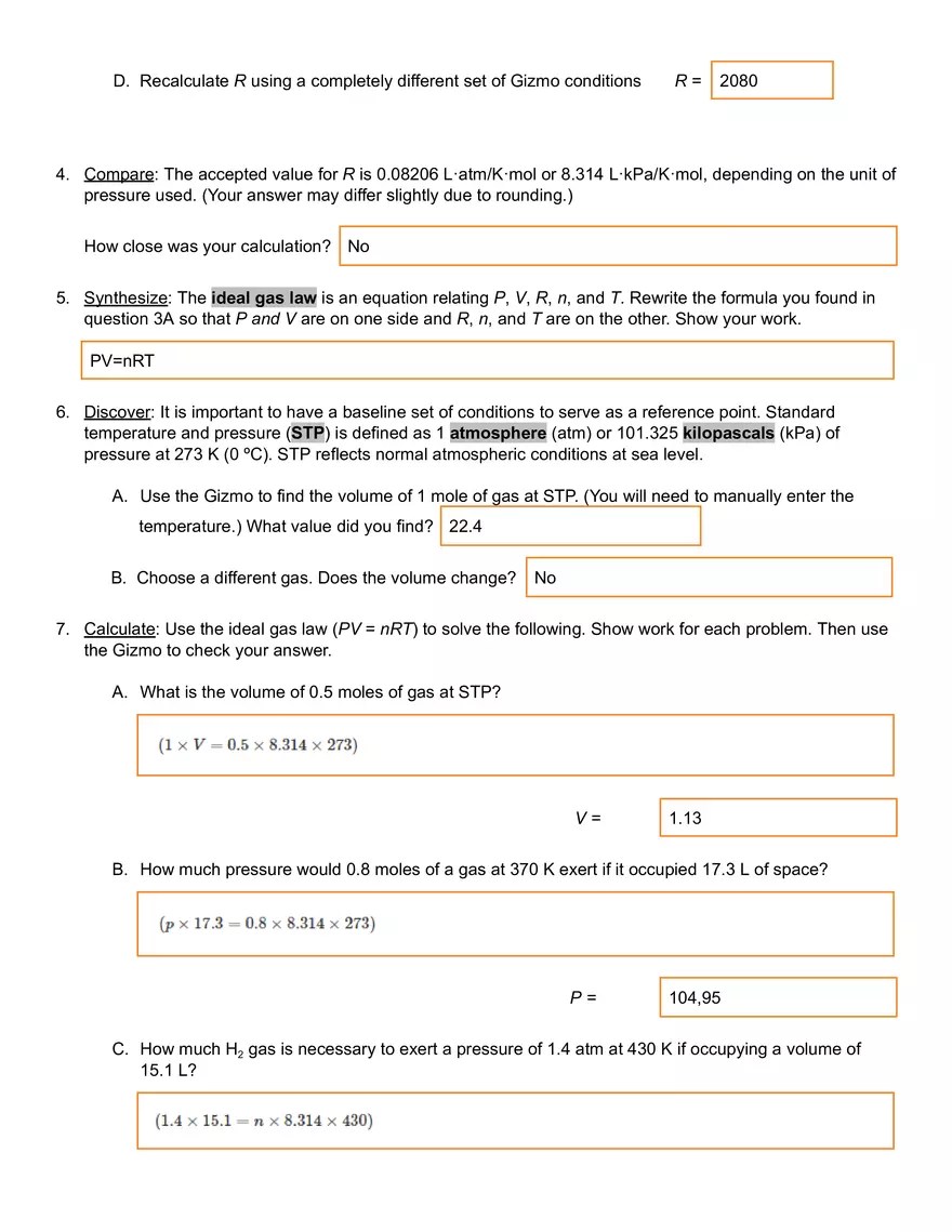 Ideal Gas Law Gizmo Answer Key Edubirdie