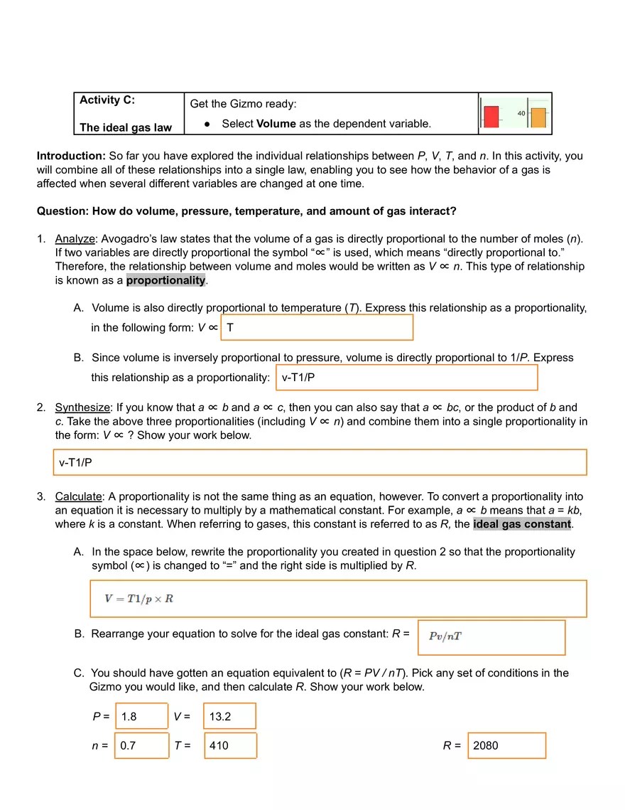 Ideal Gas Law Gizmo Answer Key Edubirdie