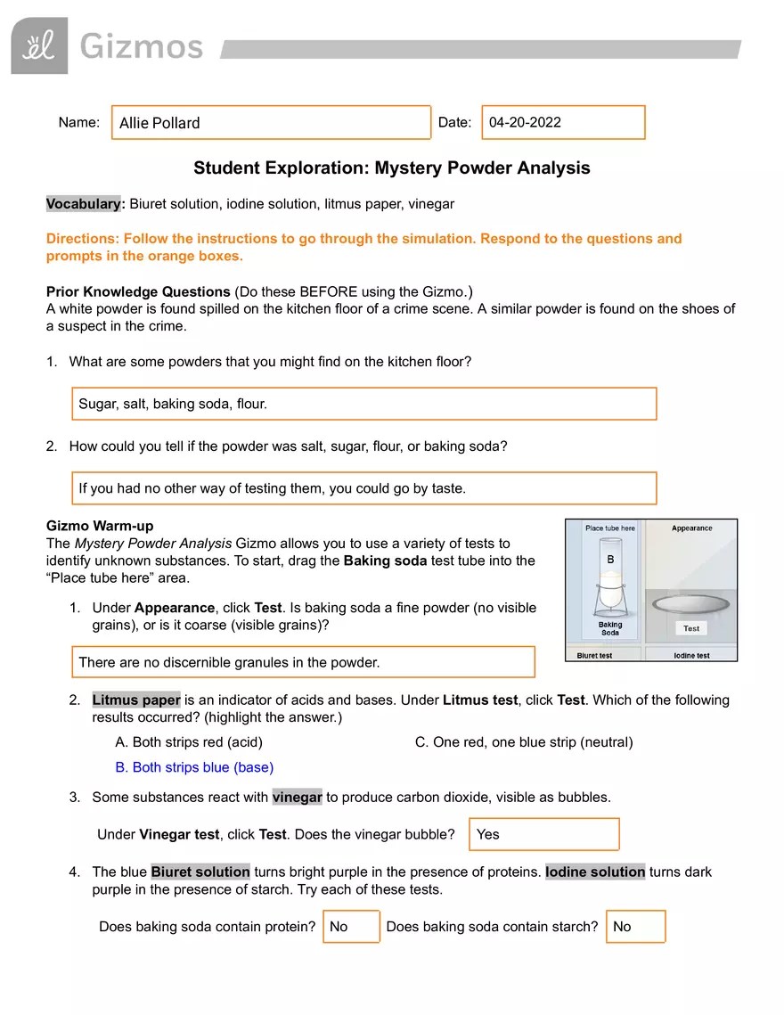 Mystery Powder Analysis Gizmo Answer Key | Virtual High School - Edubirdie