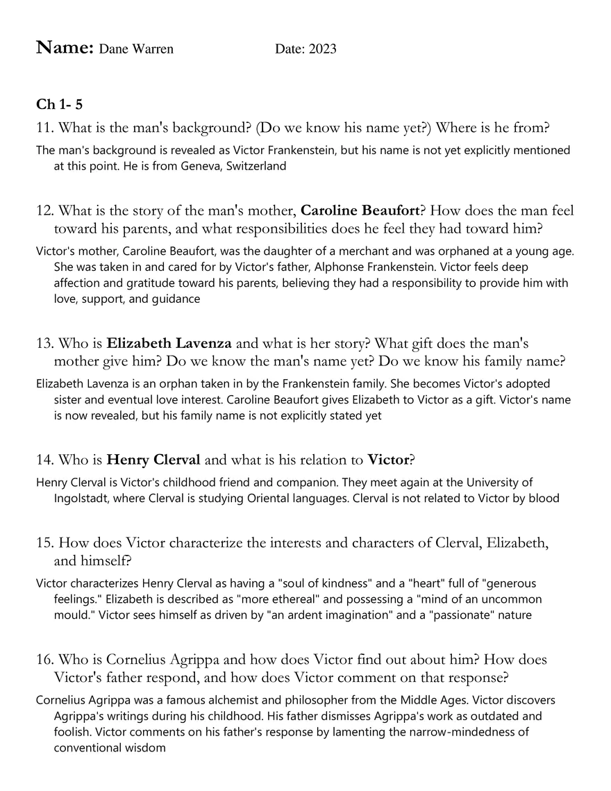 Frankenstein Questions 2 Cambridge College Edubirdie