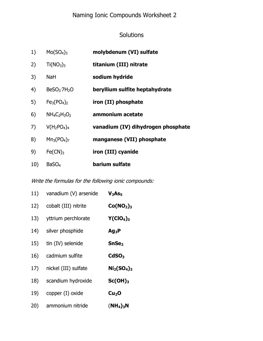 Naming Ionic Compounds Worksheet 2 Answer Key Edubirdie